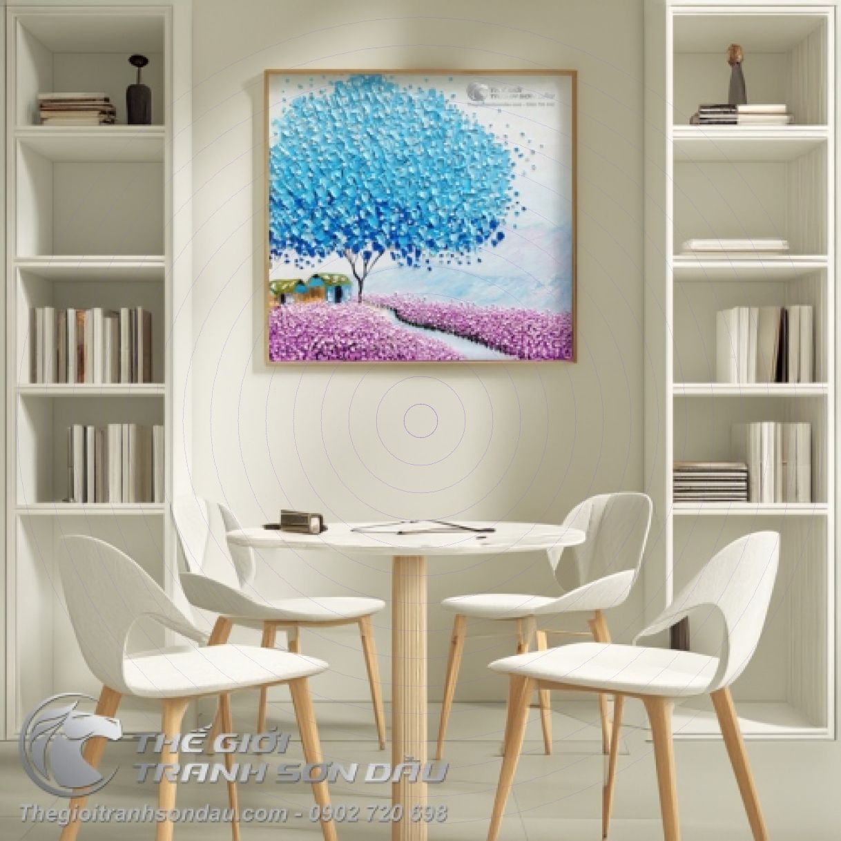 Tranh Sơn Dầu Phố Cây Xanh 60x60cm Màu Sắc Tươi Mới 