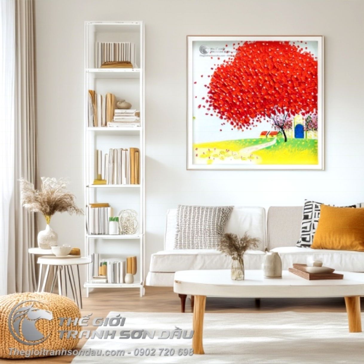 Tranh sơn dầu phố cây màu đỏ sắc nét khung 60x60cm 