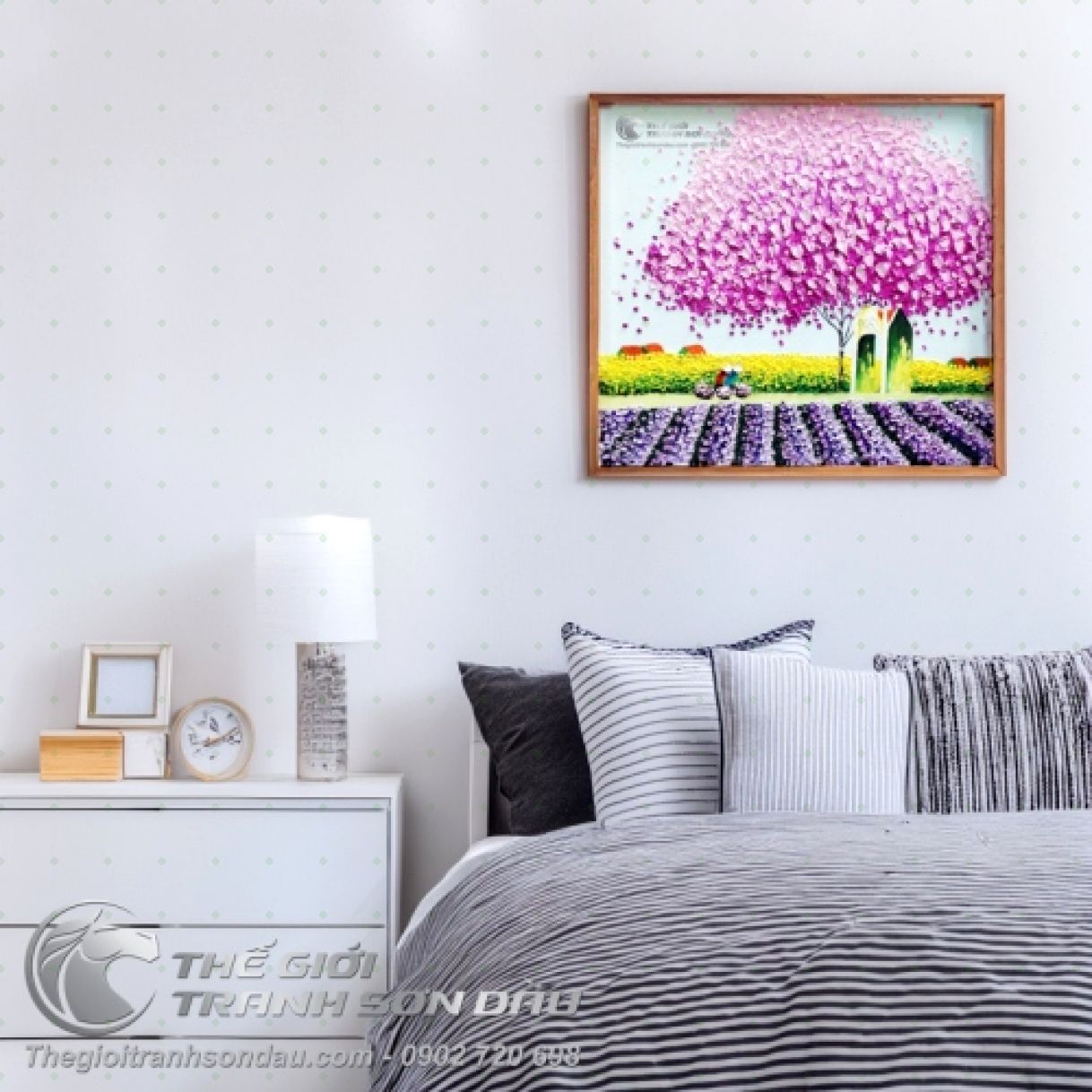 Tranh Sơn Dầu Phố Cây Màu Hồng Đẹp Đa Sắc Kích Thước 60x60cm 