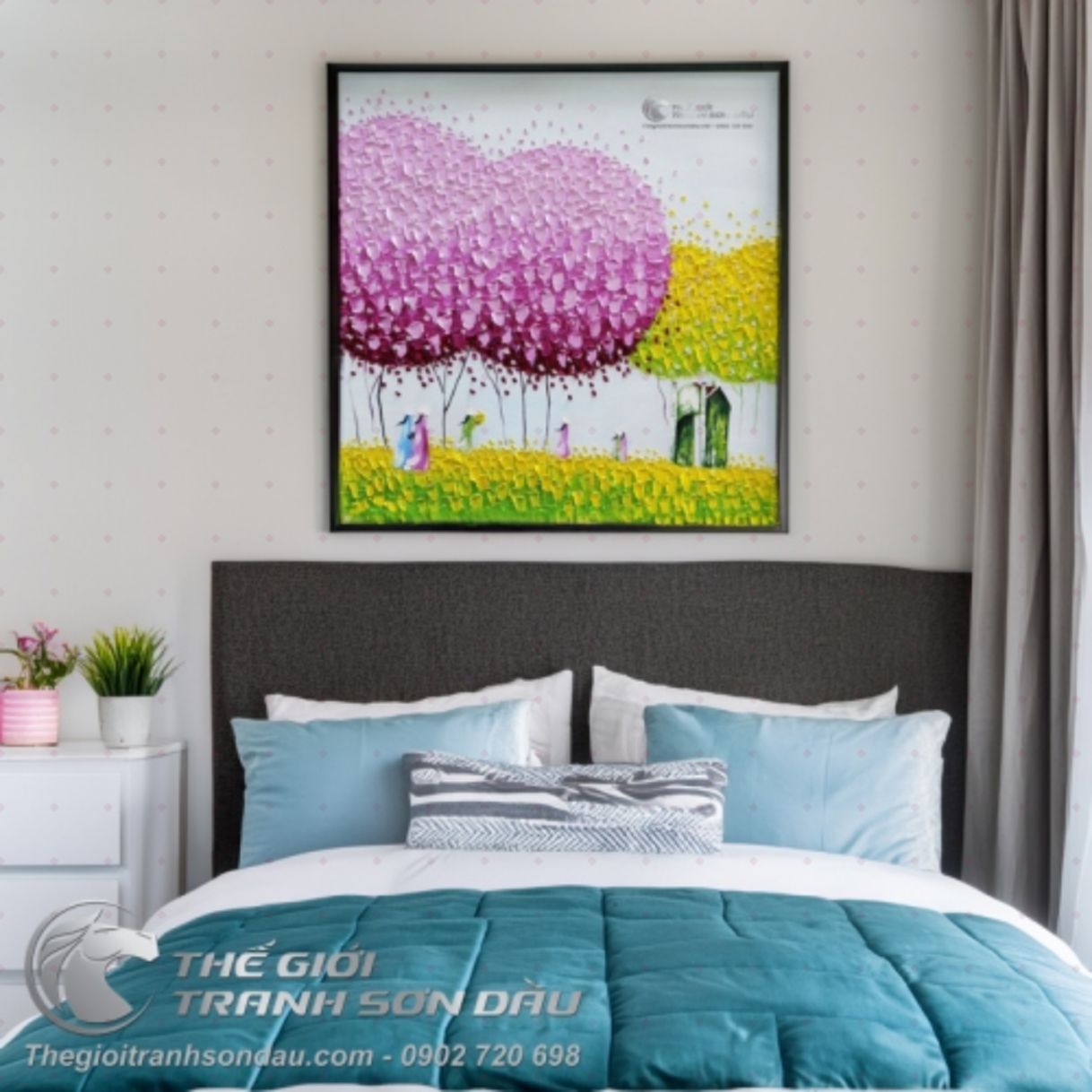 Tranh Sơn Dầu Phố Cây Màu Hồng 60x60cm Sơn Dầu Đa Sắc Trang Trí Nội Thất 