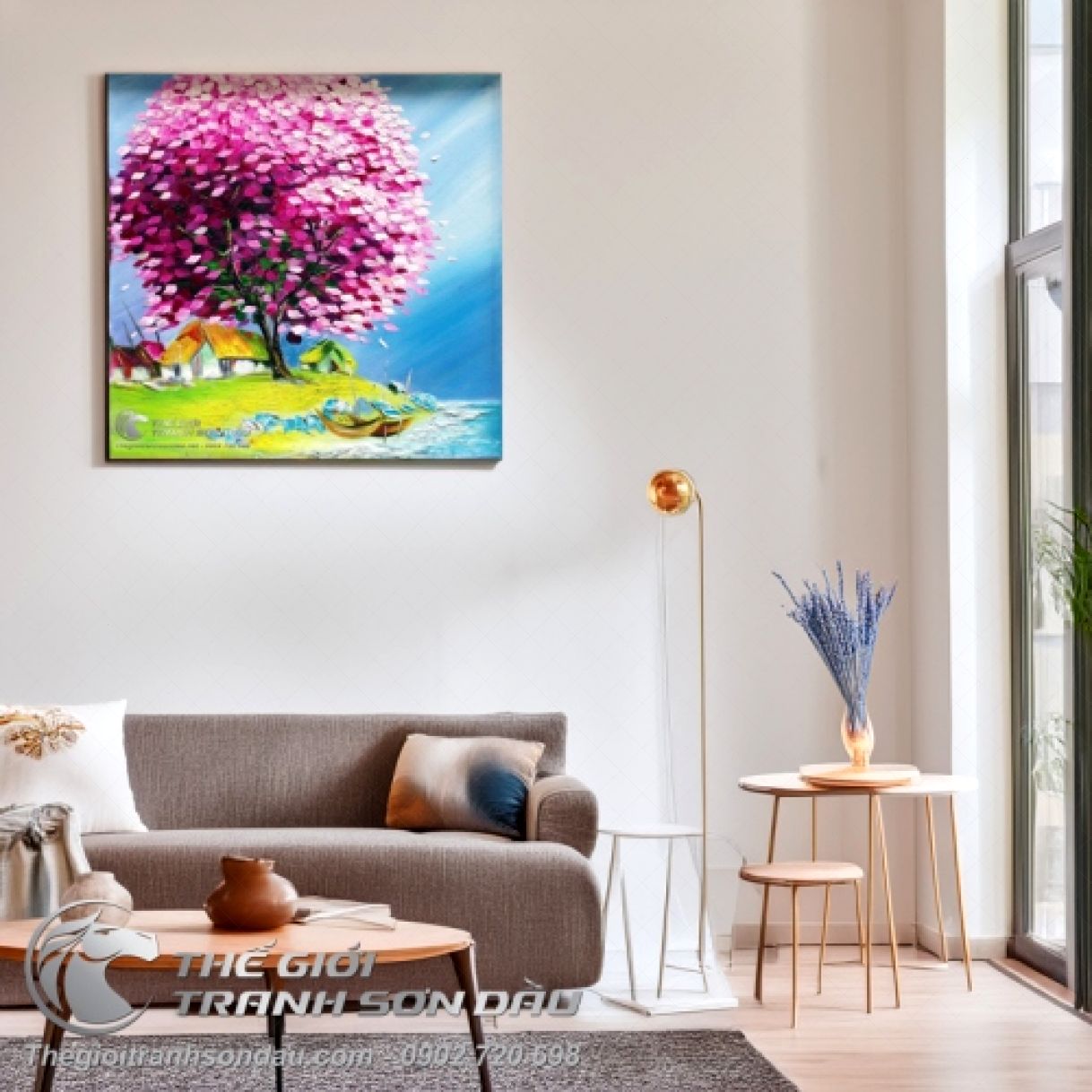Tranh sơn dầu cây tím phong cảnh Việt Nam 60x60cm độc bản tranh đẹp 
