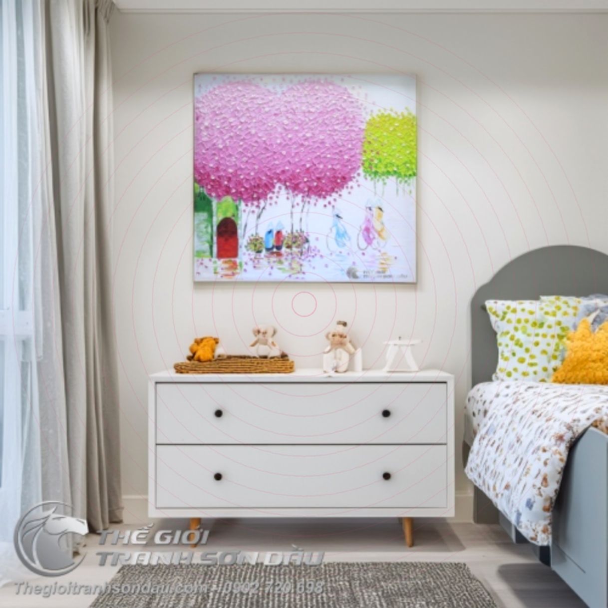 Tranh Sơn Dầu Phố Hiện Đại Cây Lá Hồng 50x50cm Đa Sắc 