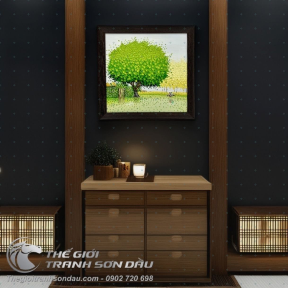 Tranh Phong Cảnh Hiện Đại Phố Hoa Cây Xanh Lá Sơn Dầu 60x60cm 