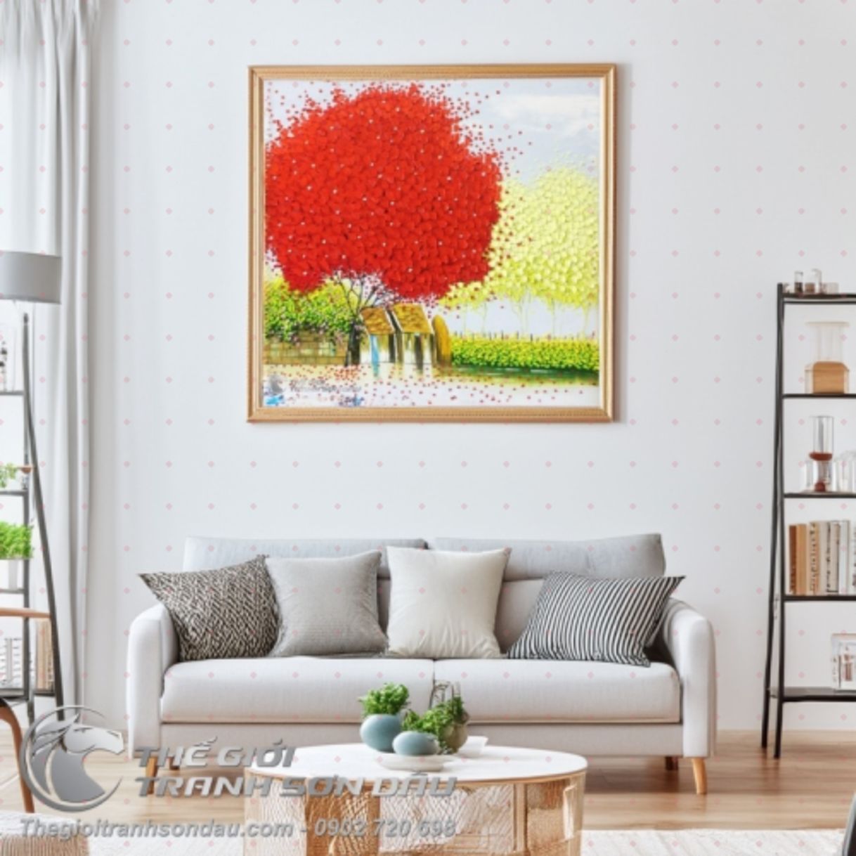 Tranh Nghệ Thuật Hiện Đại Phố Hoa Cây Đỏ 60x60cm Khung 3cm Độc Bản 