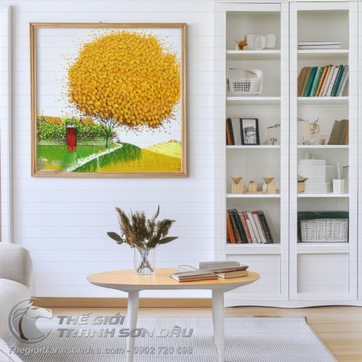 Tranh Sơn Dầu Hiện Đại Phố Hoa Tông Vàng 60x60cm Trang Trí Đẹp 