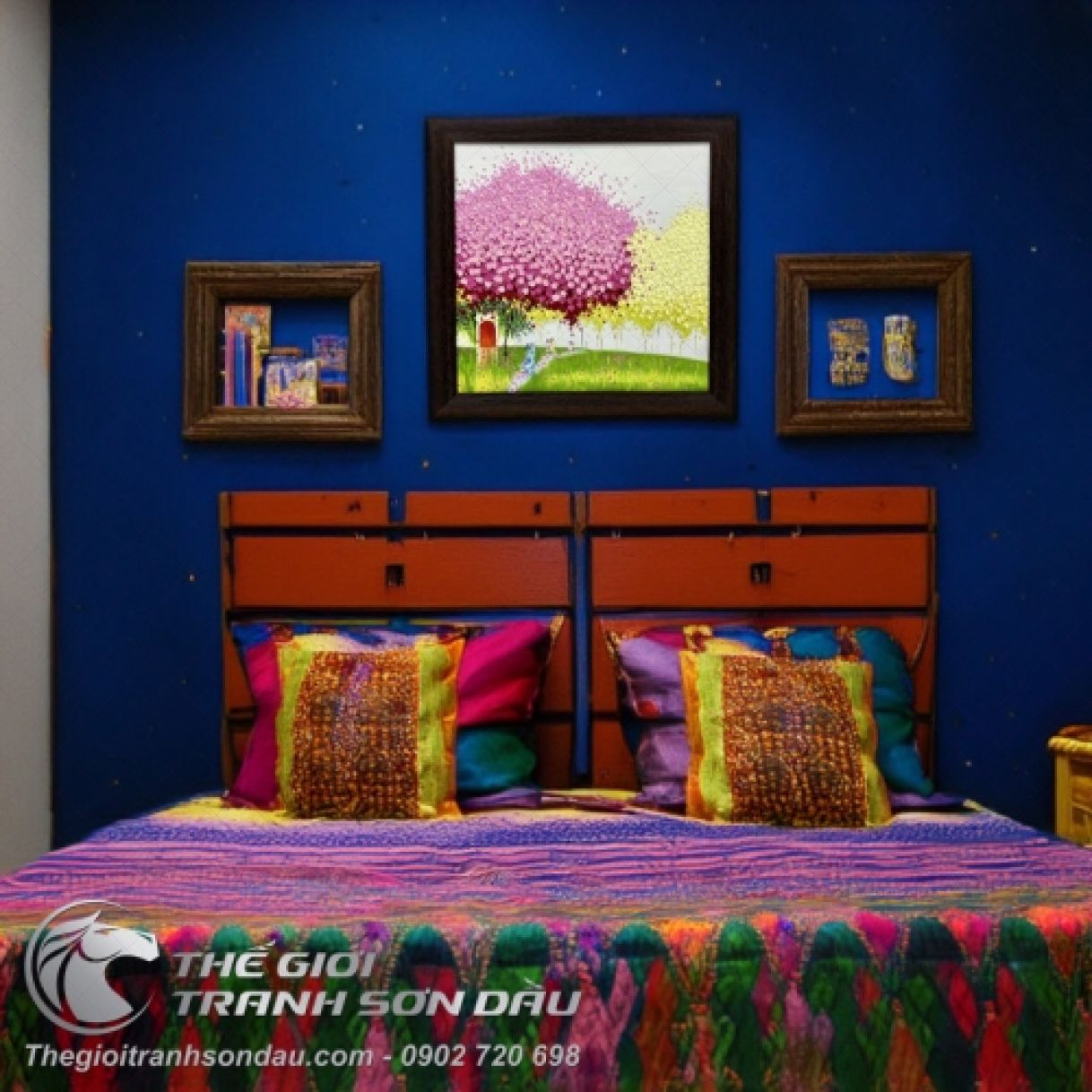 Tranh hiện đại phố hoa trát bay cây lá hồng sơn dầu 60x60cm tranh đẹp 