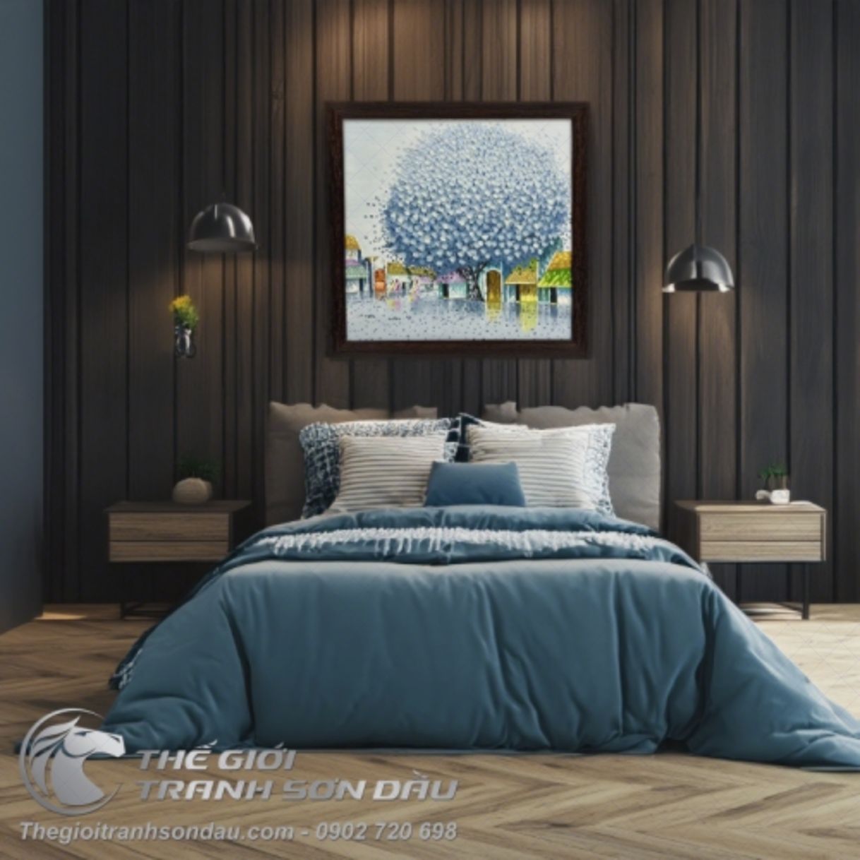 Tranh Treo Tường Hiện Đại Phố Hoa Cây Màu Tím Sơn Dầu Đa Sắc 60x60cm 