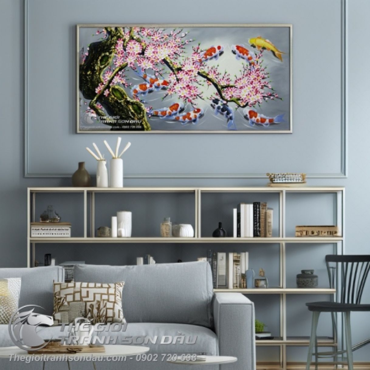 Tranh sơn dầu cá chép hoa đào vẽ tay thủ công 60x120cm khung composite đẹp 