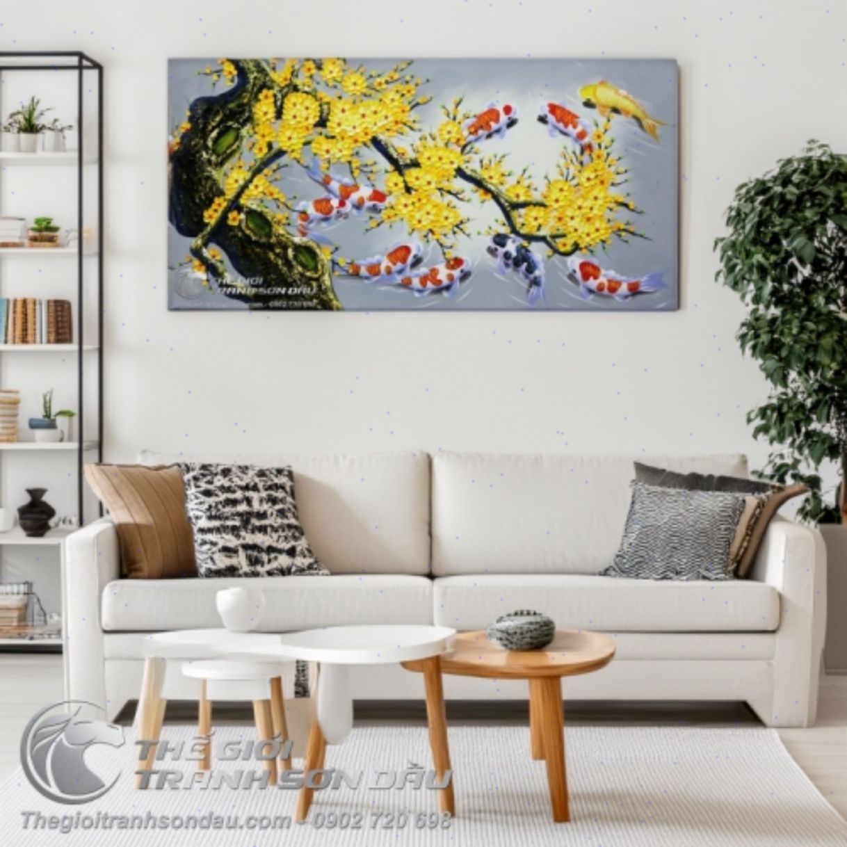 Tranh Sơn Dầu Cửu Ngư Hoa Mai Vẽ Tay Đẹp Kích Thước Lớn 