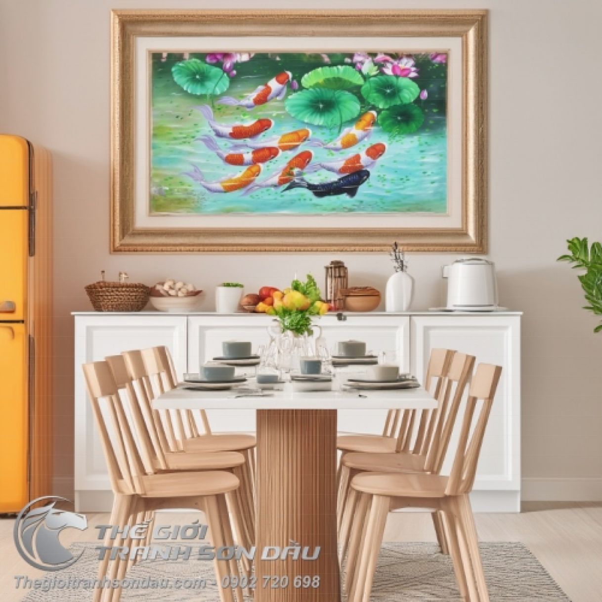 Tranh Cửu Ngư Đồ Sơn Dầu Khung 7cm Đa Kích Thước Sang Trọng 