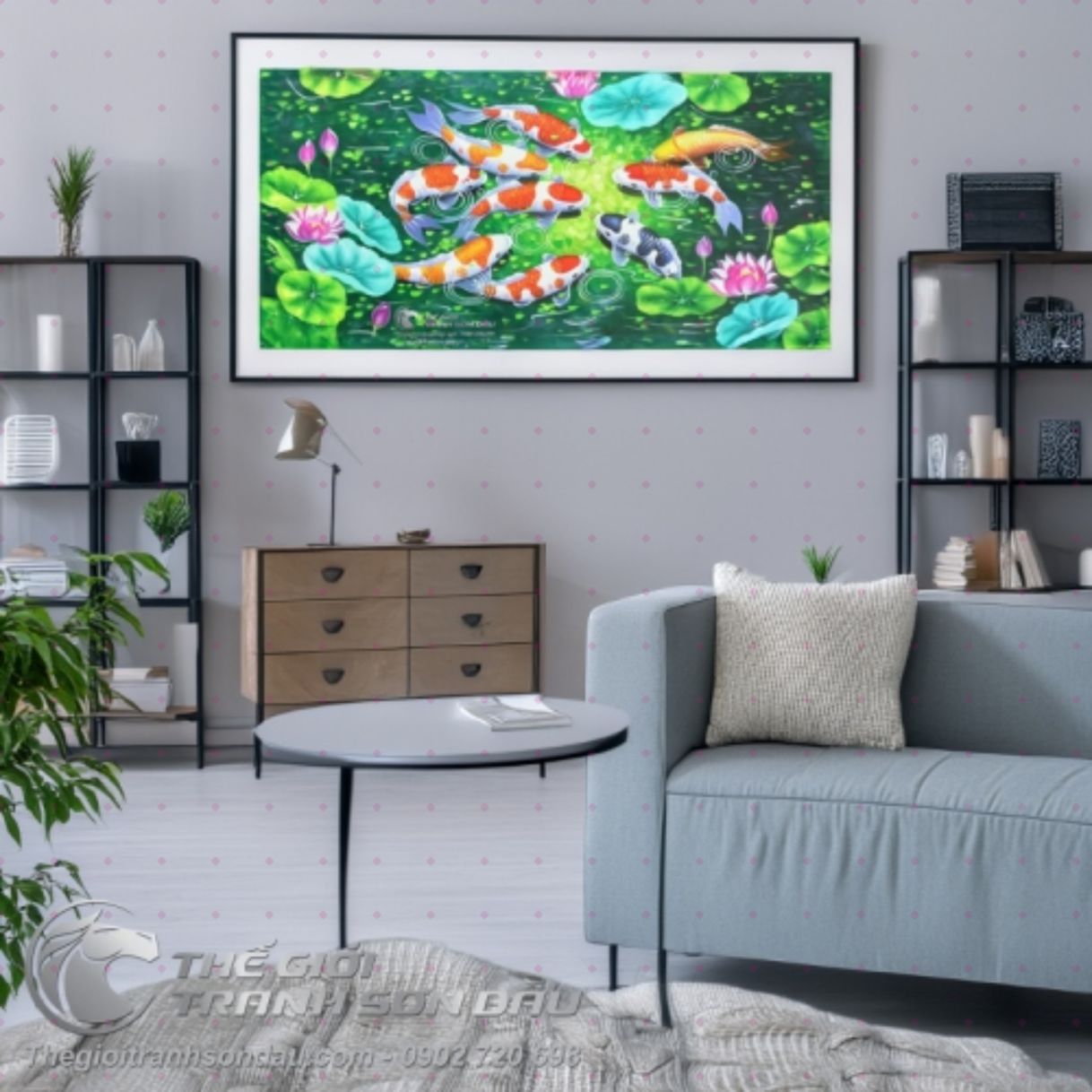 Tranh Cá Chép Phong Thủy Sơn Dầu 60x120cm 80x160cm Khung 7cm 