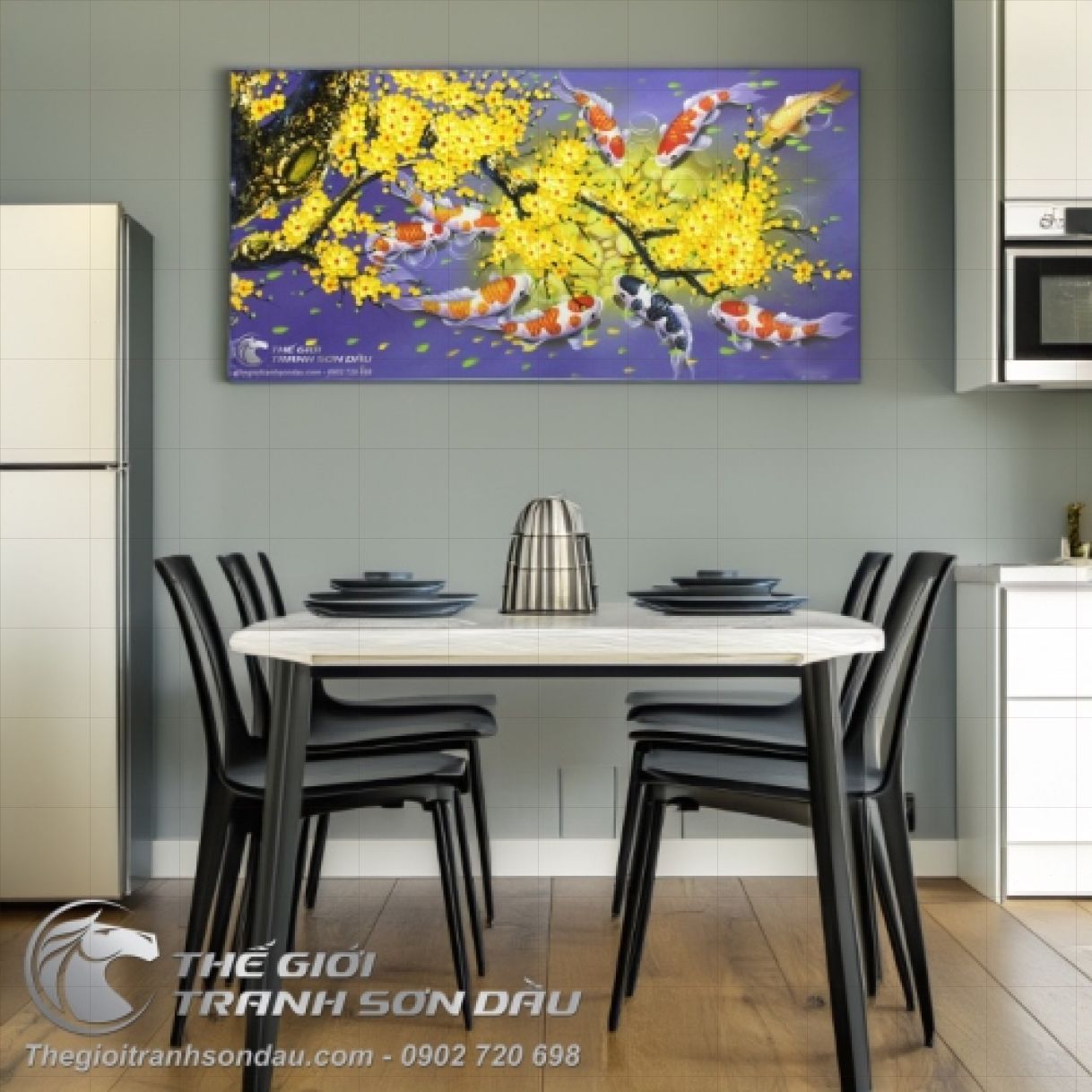 Tranh Sơn Dầu Cá Chép Hoa Mai Nền Tím Nhạt 60x120cm Đẹp 