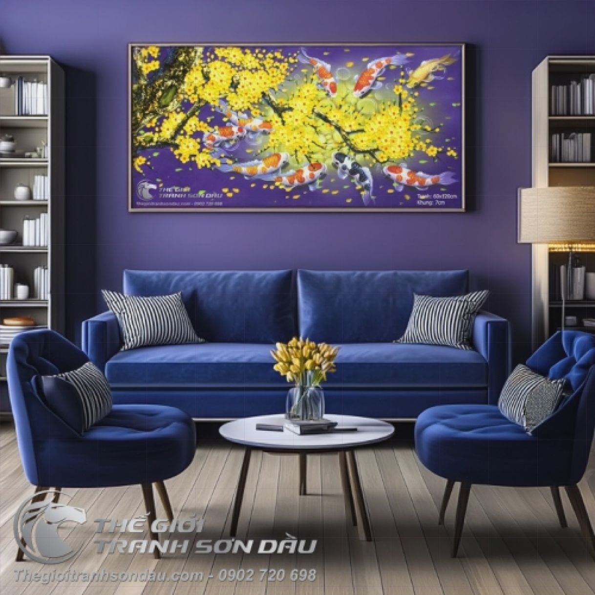 Tranh Cá Chép Hoa Mai Nền Tím Kích Thước 60x120cm Khung 7cm Độc Bản 