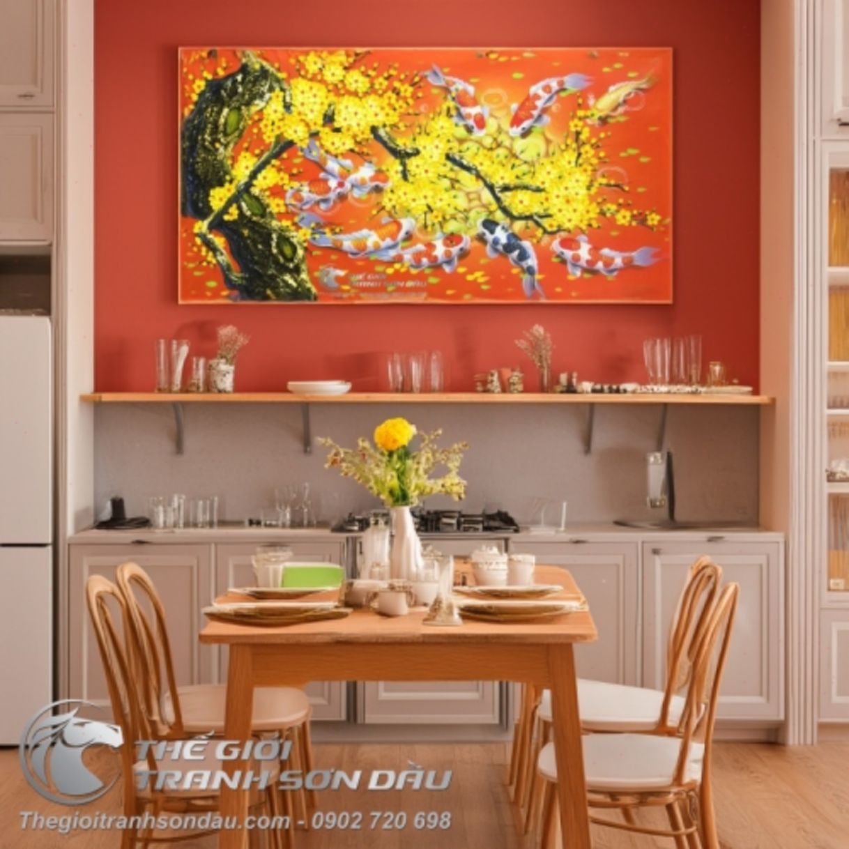 Tranh Cá Chép Hoa Mai Nền Cam Sơn Dầu Đa Sắc 60x120cm Khung 7cm 