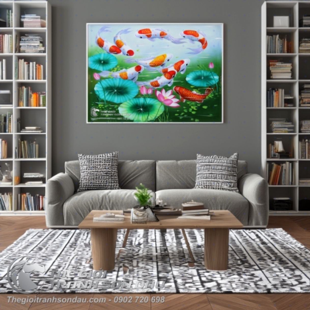 Tranh Phong Thủy 9 Cá Chép Cửu Ngư Sơn Dầu 60x80cm May Mắn 