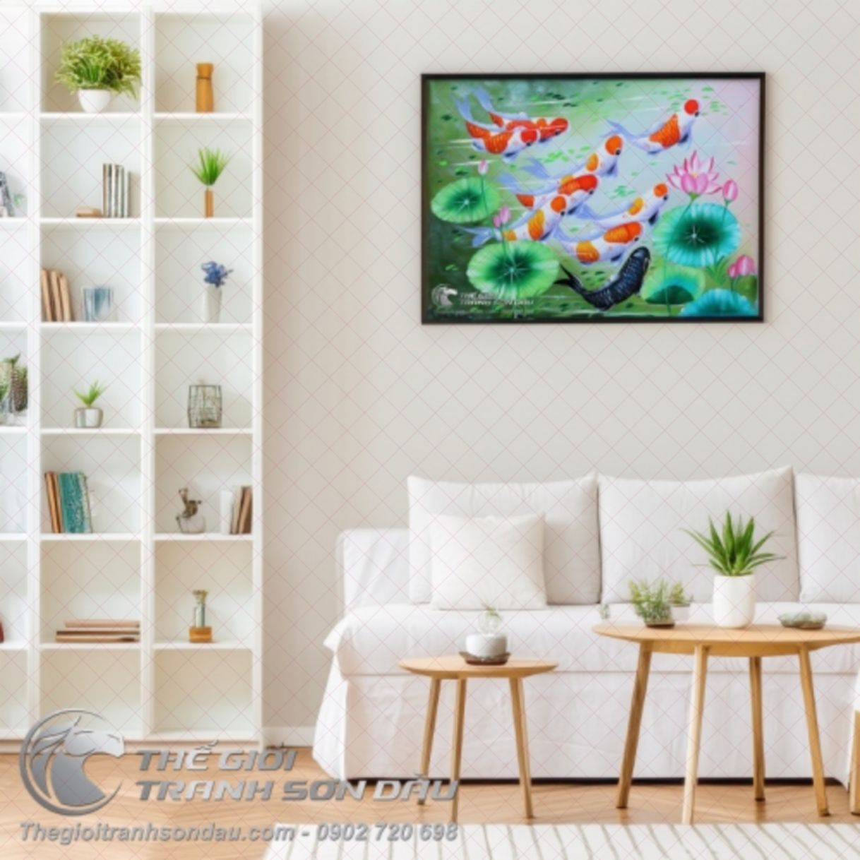Tranh Chín Con Cá Chép Phong Thủy Cửu Ngư Sơn Dầu Đa Sắc 