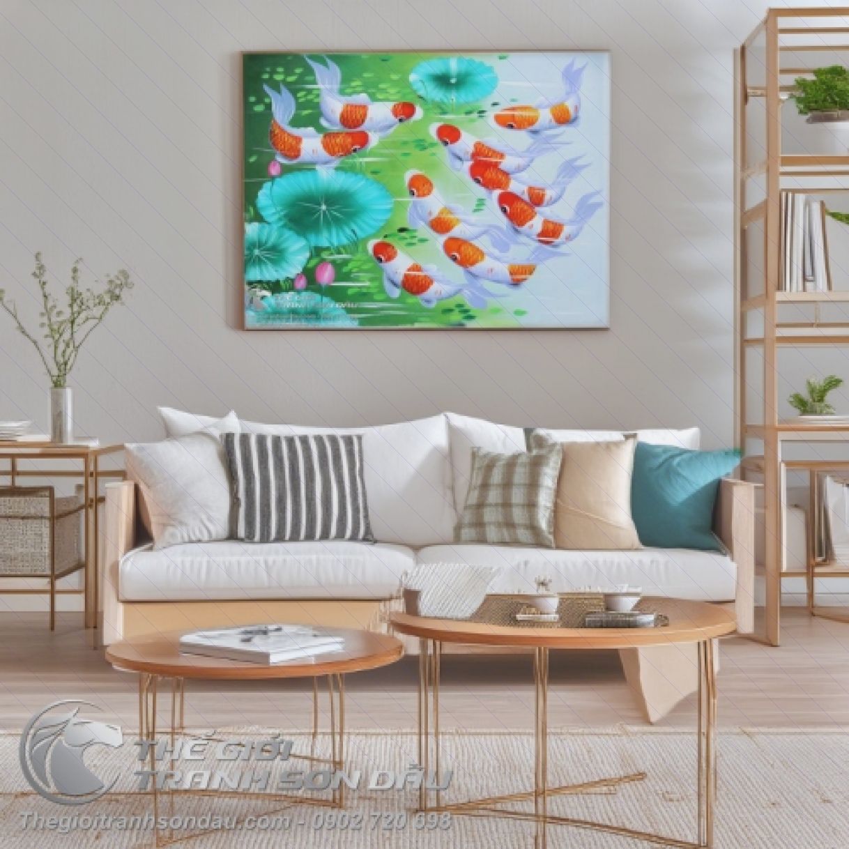 Tranh Cửu Ngư Quần Hội Cá Chép Sơn Dầu Ý Nghĩa Phong Thủy Trang Trí 