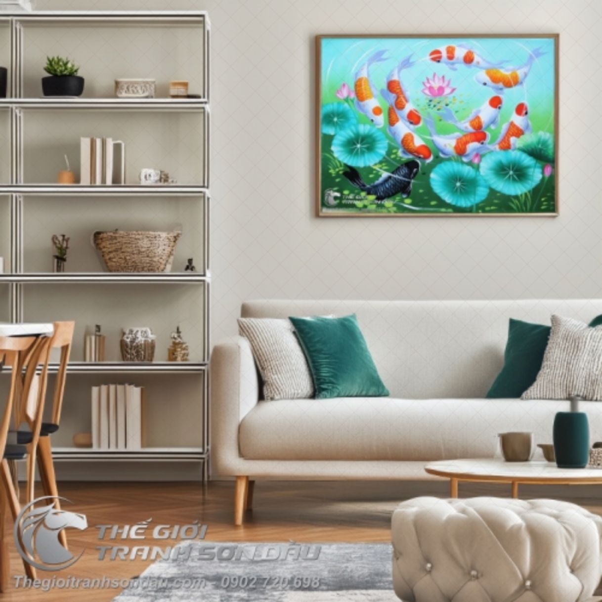 Tranh Cửu Ngư Quần Hội Chín Con Cá Chép Sơn Dầu 60x80cm 