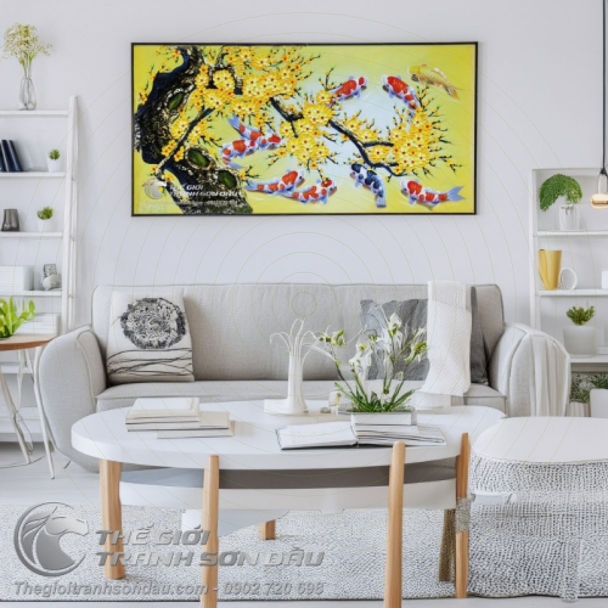 Tranh Sơn Dầu Chín Con Cá Chép Góc Mai Vàng 60x120cm Đẹp 