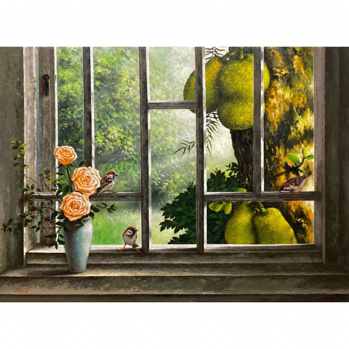 Tranh hoa bên khung cửa sổ acrylic 60x80cm mới nhất 