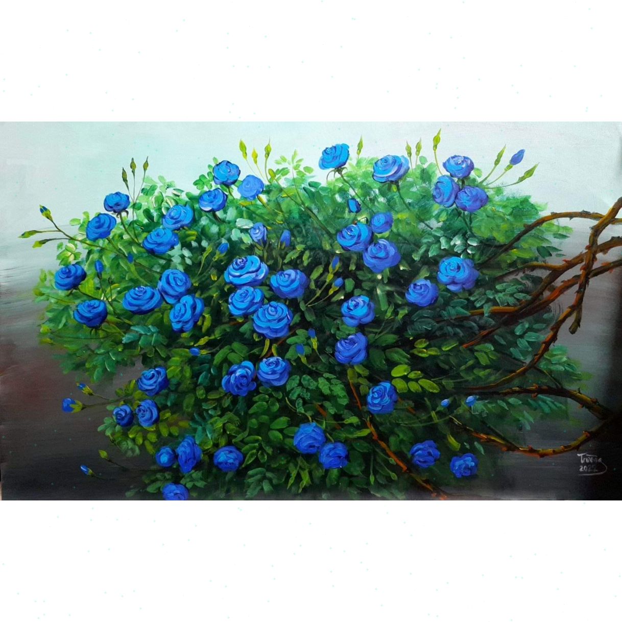 Tranh hoa hồng xanh hi vọng acrylic trên canvas 60x90cm 
