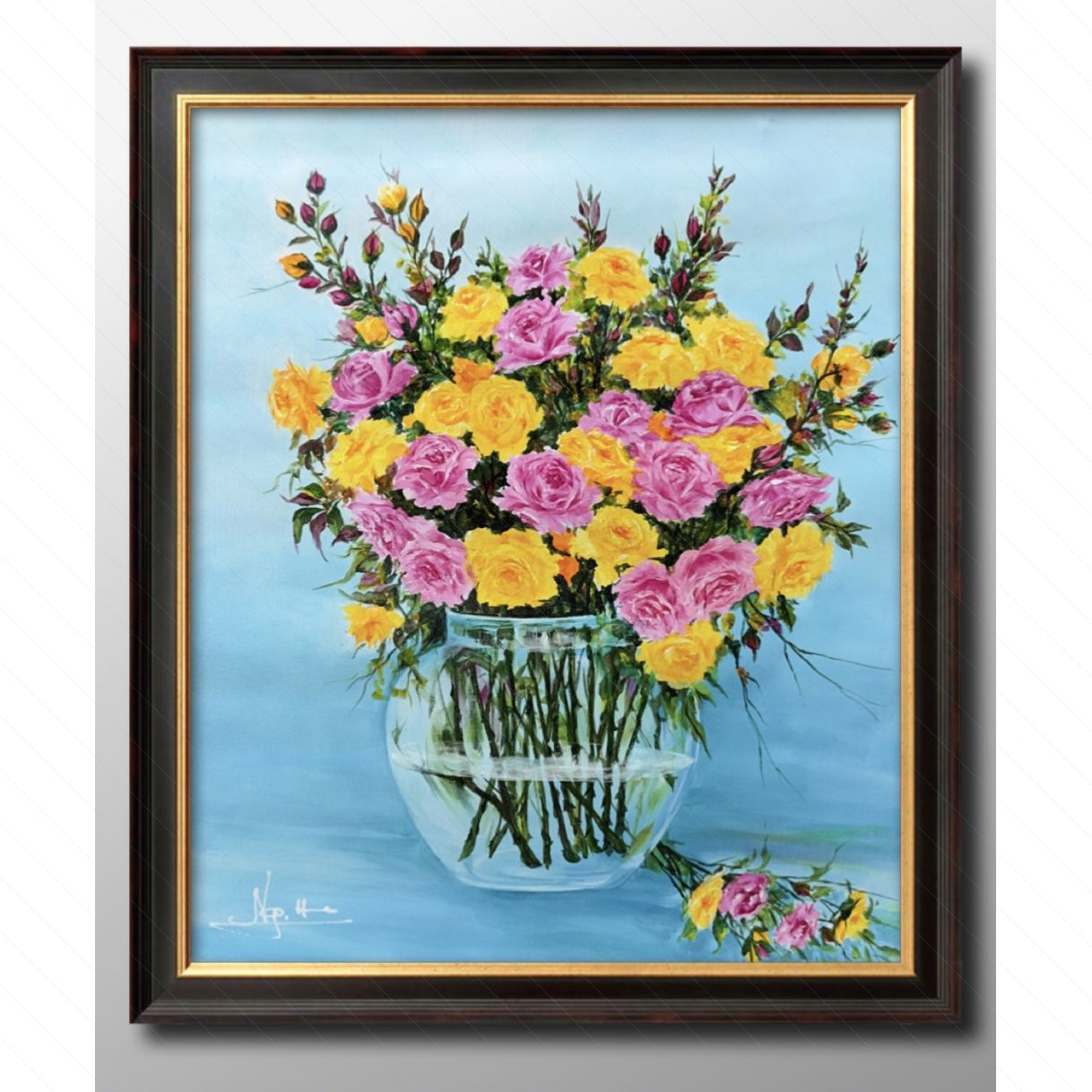 Tranh Hoa Hồng Hồng Tỉ Muội Acrylic Sáng Tác Độc Bản 60x50cm 