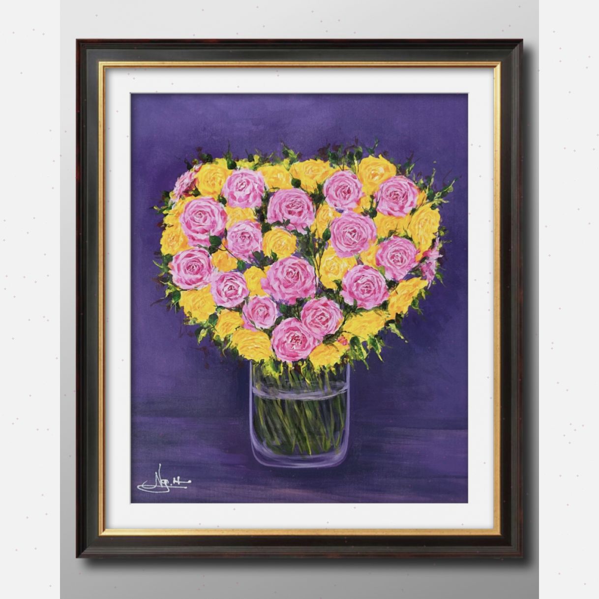 Tranh hoa hồng trái tim hồng acrylic 60x50cm sáng tác mới 