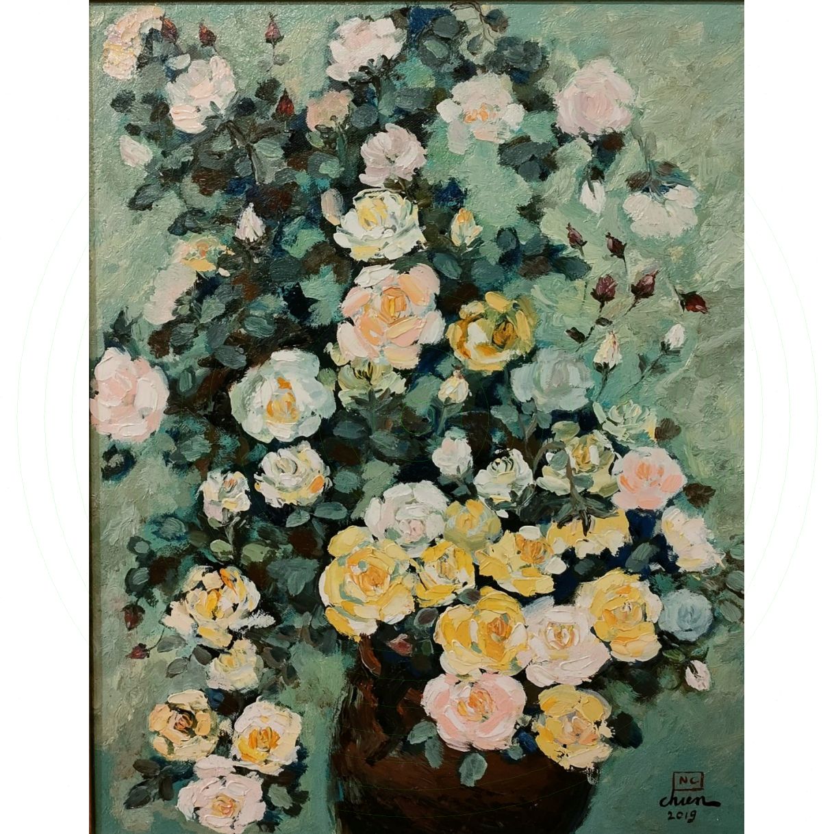 Tranh Hoa Hồng Vàng Sơn Dầu 65x81cm Độc Bản Có Giấy Tác Quyền 