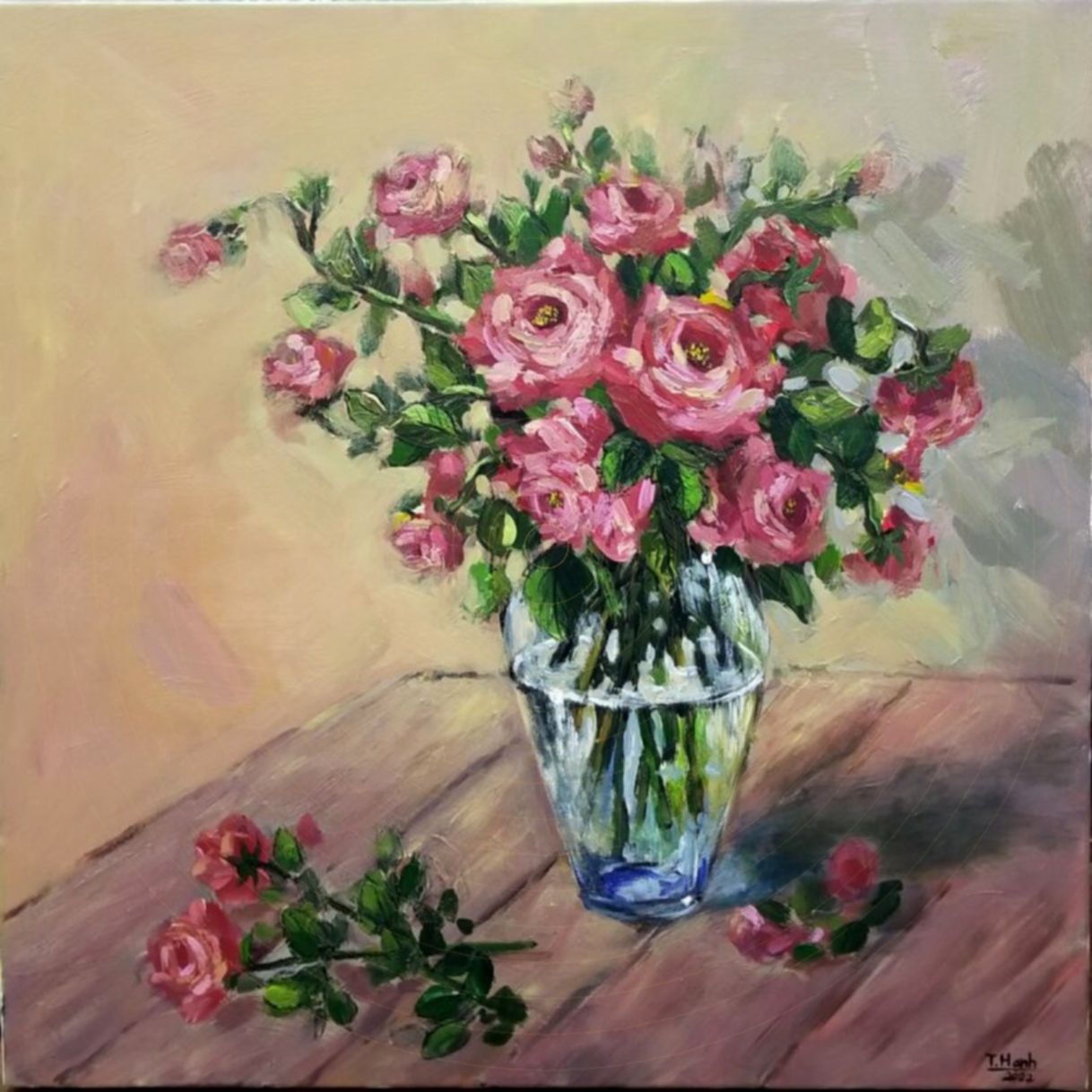 Tranh Sơn Dầu Hoa Hồng Đẹp 60x60cm Độc Bản Họa Sĩ 