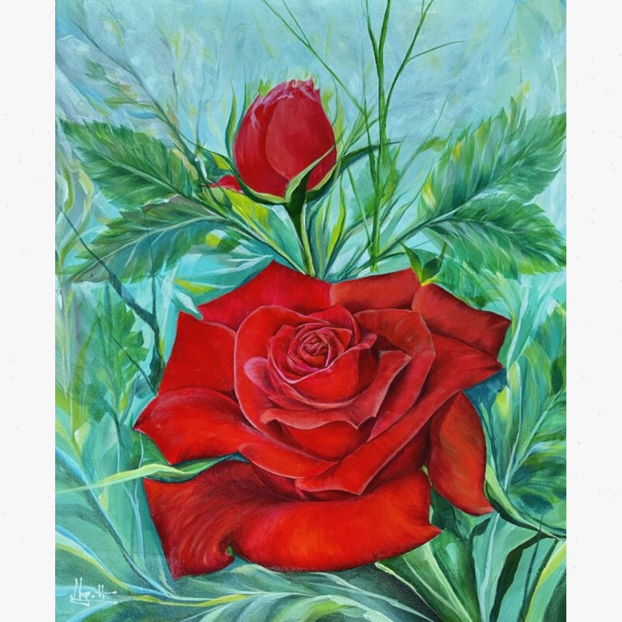 Tranh Hoa Hồng Hồng Nhung Đỏ Acrylic Kích Thước 50x60cm Đẹp 