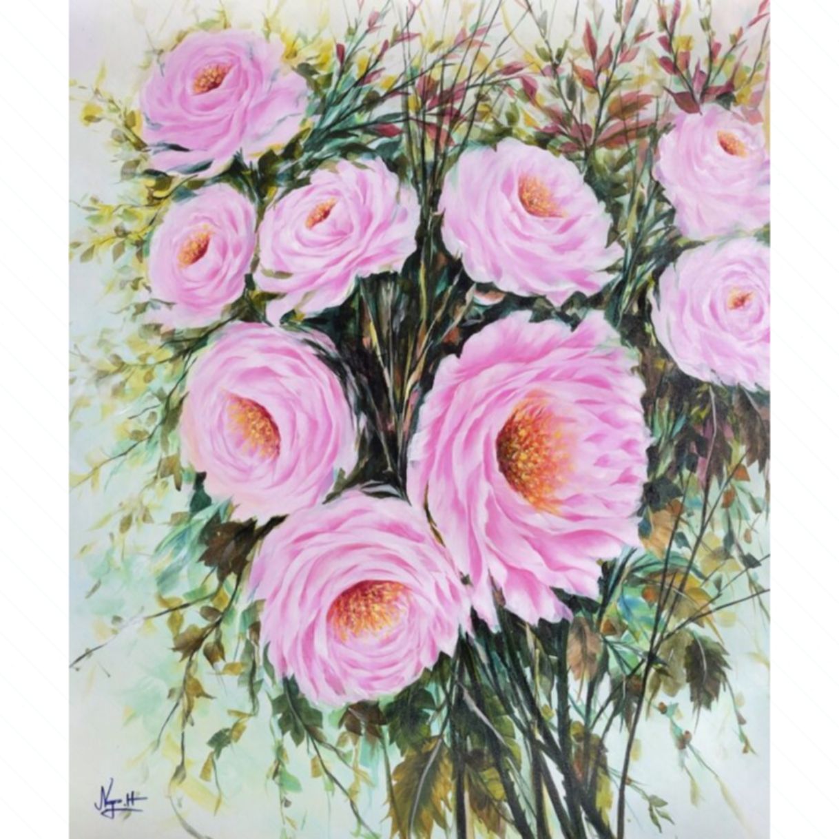 Tranh Hoa Hồng Vườn Hồng Ngày Xuân Acrylic 50x60cm Tác Phẩm Nghệ Thuật 