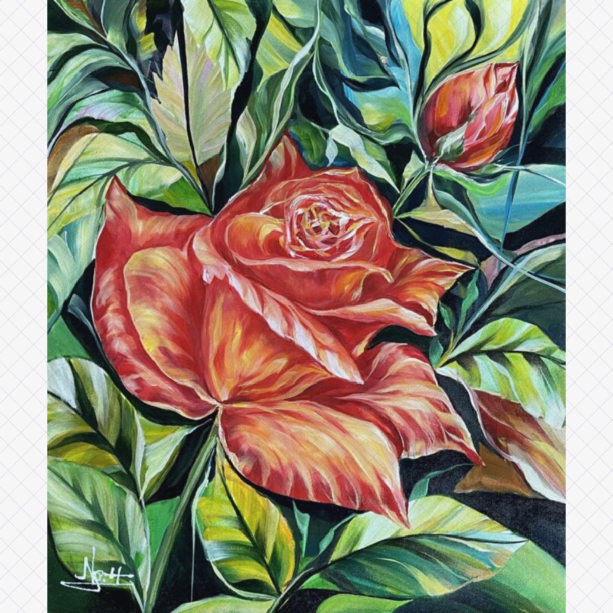 Tranh Hoa Hồng Đoá Hồng Phai Acrylic 50x45cm Bản Quyền Họa Sĩ 