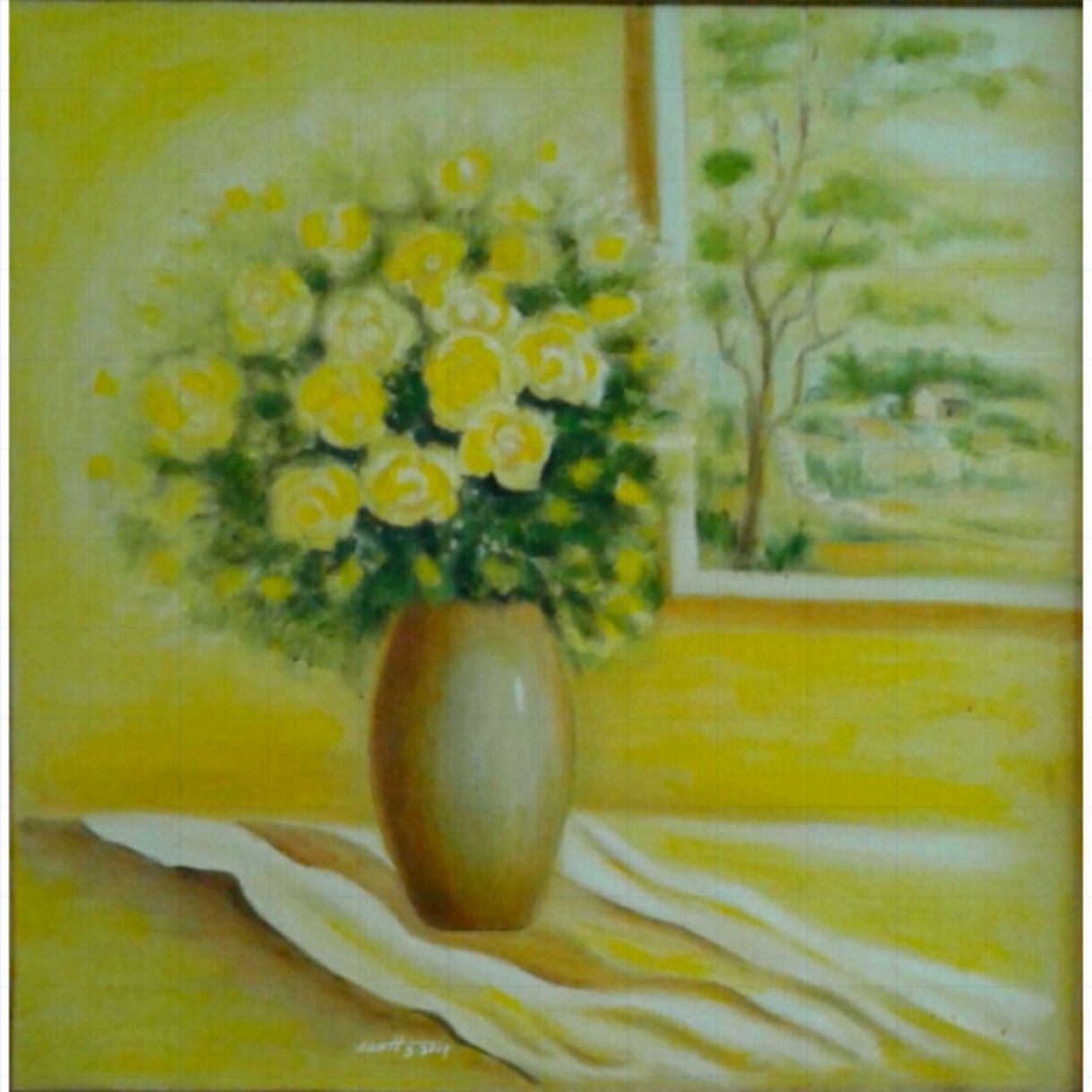 Tranh Sơn Dầu Hoa Hồng Vàng 90x90cm Lãng Mạn Độc Bản 