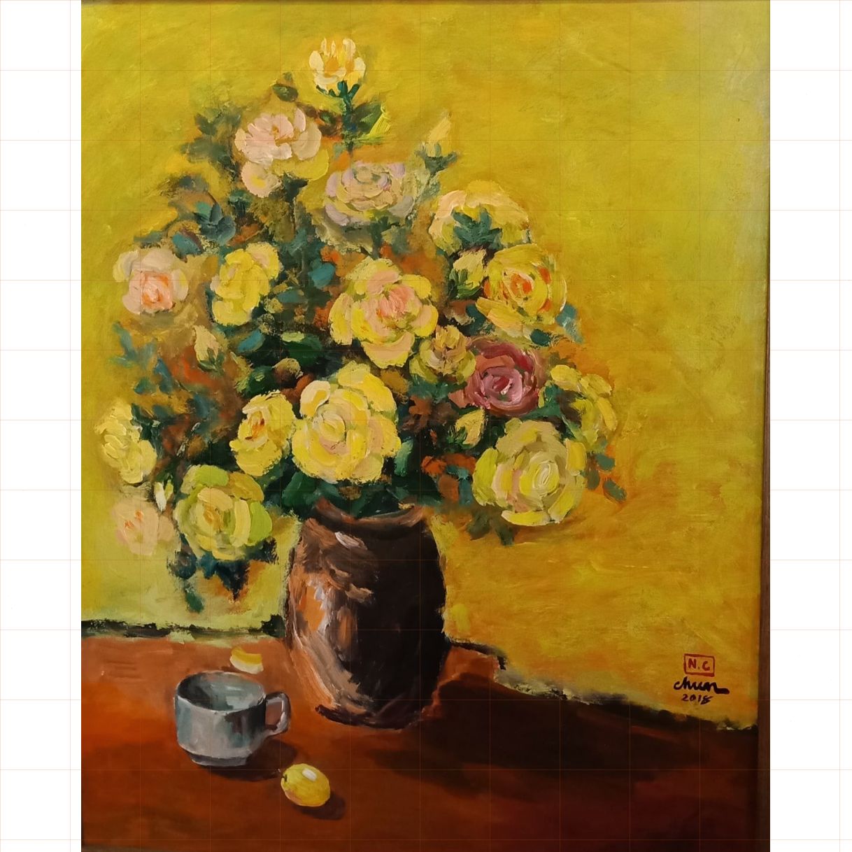 Tranh Hồng Vàng Acrylic Độc Bản Họa Sĩ 65x81cm Sang Trọng 