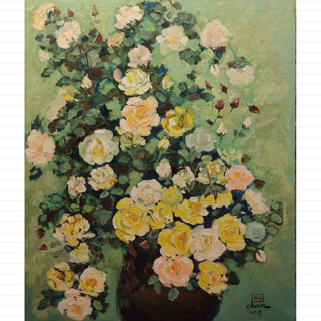 Tranh hoa hồng sơn dầu CL vẽ tay canvas độc bản 54x65cm nghệ thuật 