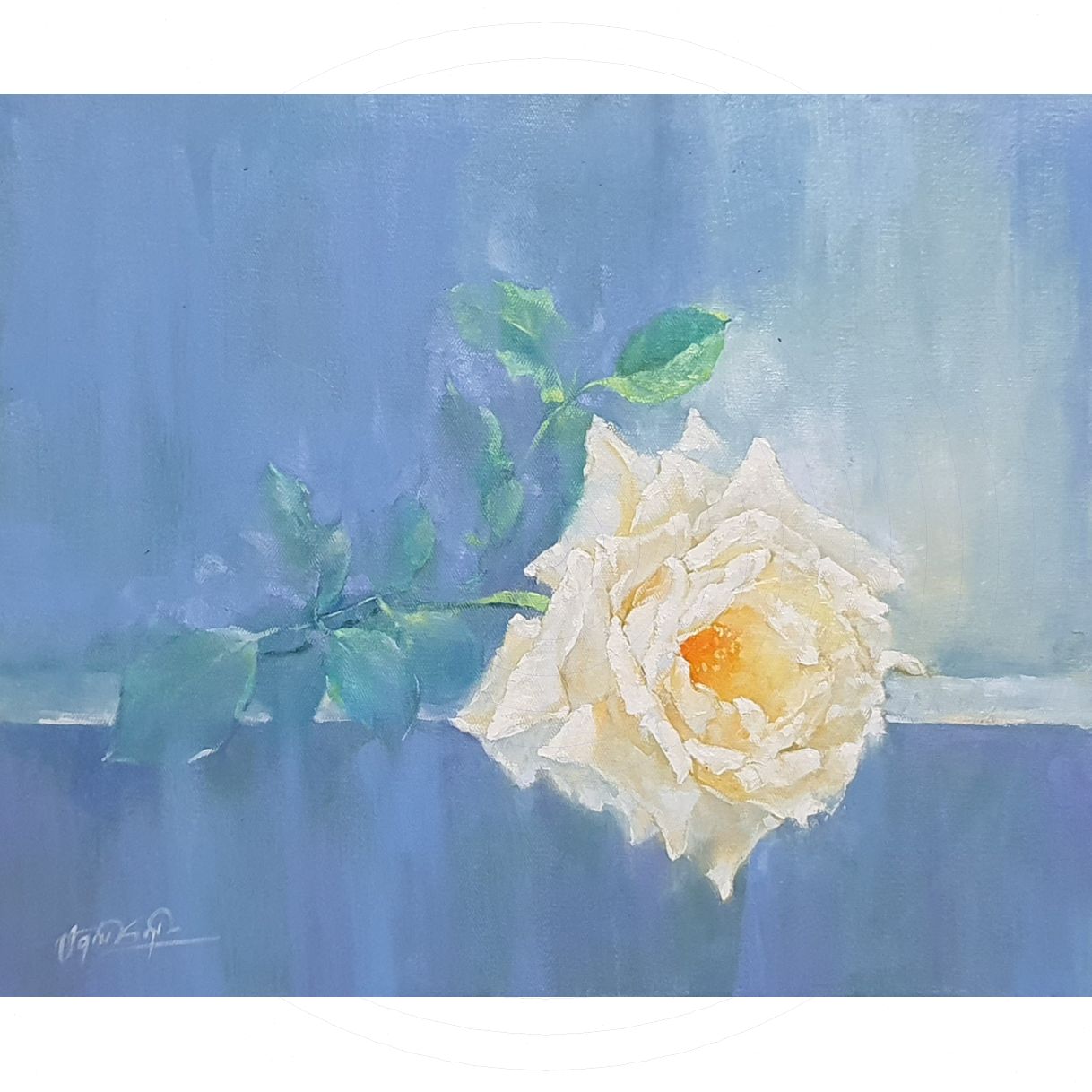 Tranh Hoa Đóa Hồng Trắng Sơn dầu 50x60cm độc bản 2021 sang trọng 