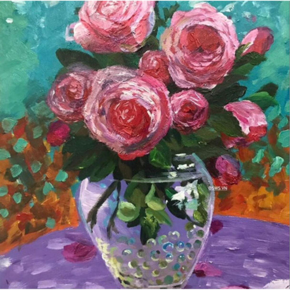 Tranh Sơn Dầu Lọ Hồng Chất Liệu Acrylic Canvas Nhỏ Gọn 