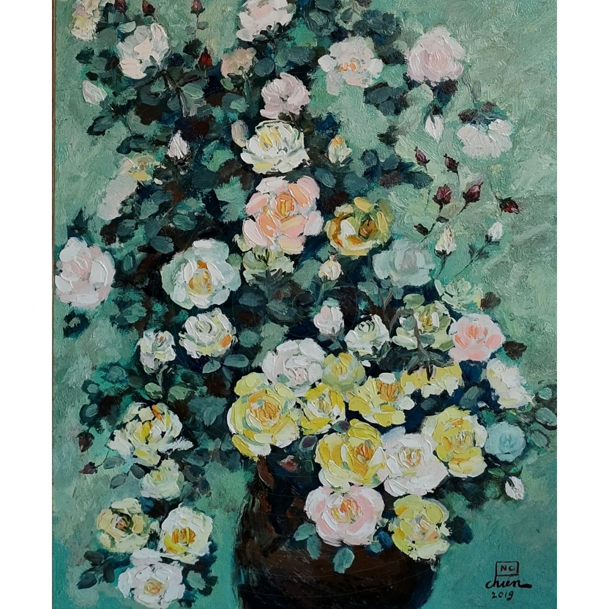 Tranh Hoa Tĩnh Vật Hoa Hồng Sơn Dầu 54x65cm Độc Bản Tác Giả 