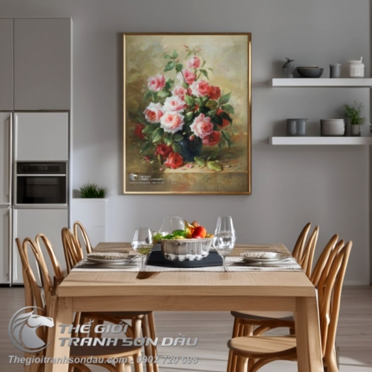 Tranh Nghệ Thuật Lọ Hoa Hồng Đẹp Thanh Tạo Sơn Dầu Khung 6cm 