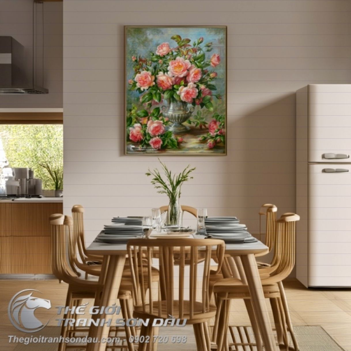 Tranh bình hoa hồng trang trí đẹp sơn dầu đa kích thước khung 