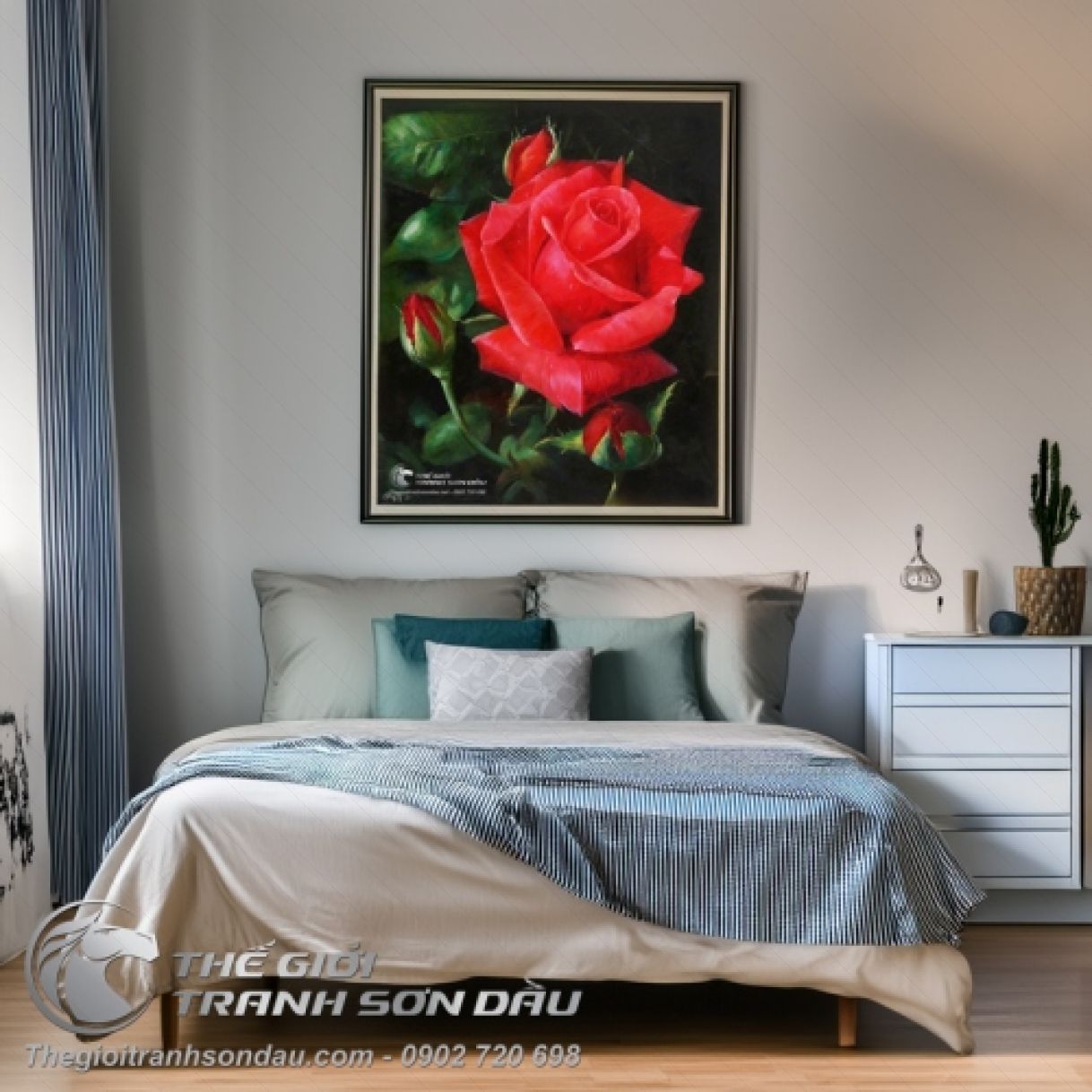 Tranh Sơn Dầu Hoa Hồng Đỏ Rực Rỡ Sang Trọng 60x90cm 