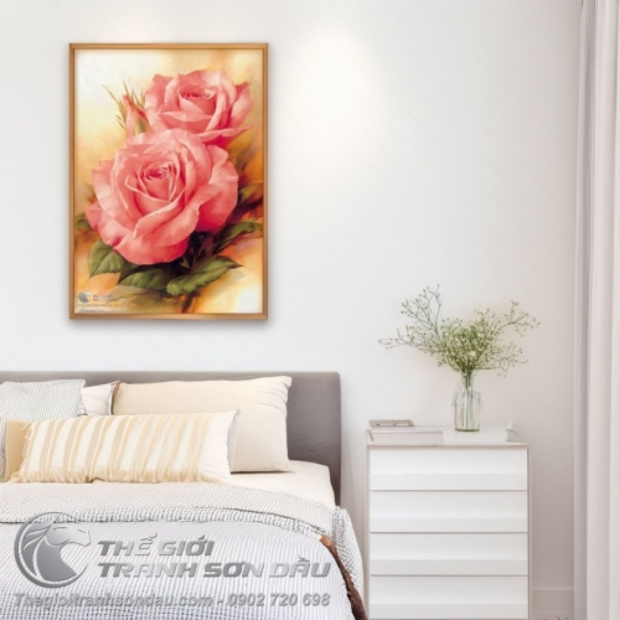 Tranh Hoa Hồng Đẹp Tinh Tế Sơn Dầu 60x90cm Đa Kích Thước Khung 