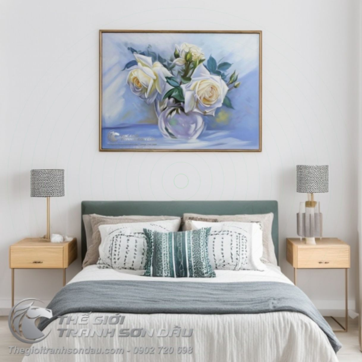 Tranh Sơn Dầu Hoa Hồng Trắng Nghệ Thuật Kích Thước Đa Dạng Khung 6cm 