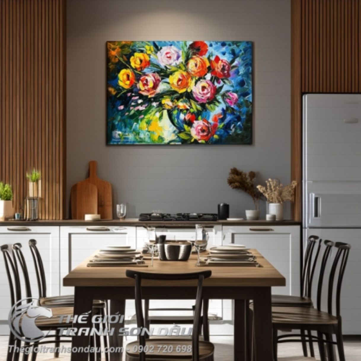 Tranh Vẽ Tĩnh Vật Bình Hoa Dày Màu Sơn Dầu Kích Thước 60x80cm 