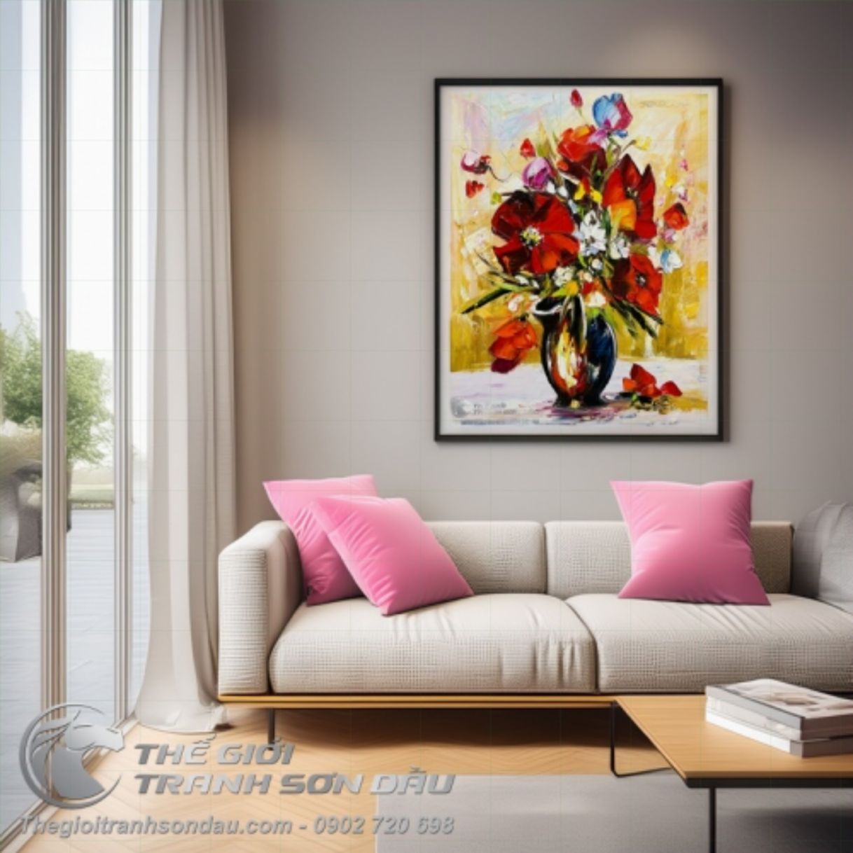 Tranh nghệ thuật bình hoa sơn dầu đa sắc khung 8cm kích thước 60x80 