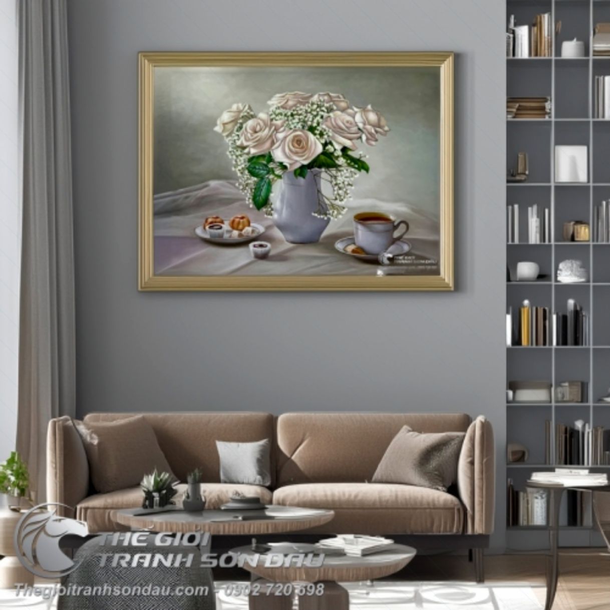 Tranh tĩnh vật bình hoa hồng trắng sơn dầu đa sắc 60x80cm khung 5cm đẹp 