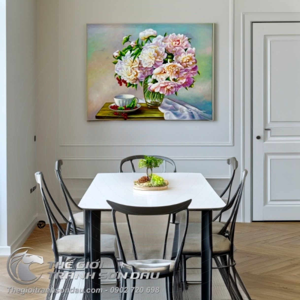 Tranh phong thủy hoa mẫu đơn cổ điển sơn dầu đa sắc khung 6cm 60x80cm 