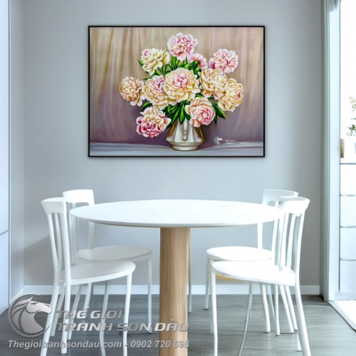 Tranh Sơn Dầu Hoa Mẫu Đơn Tĩnh Vật Cổ Điển 60x80 Khung Sang Trọng 