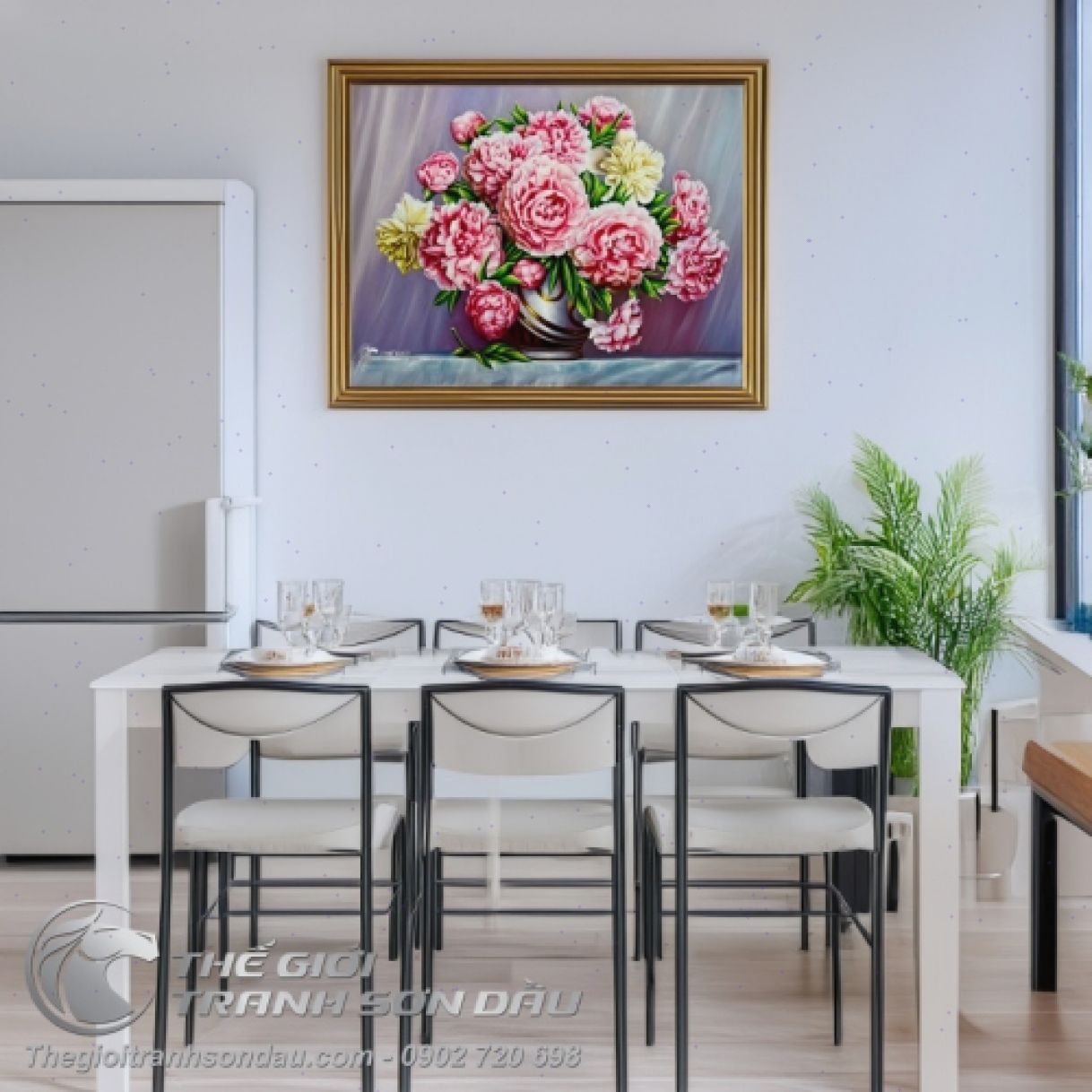 Tranh Hoa Mẫu Đơn Cổ Điển Sơn Dầu 60x80 Khung 6cm Thanh Lịch 