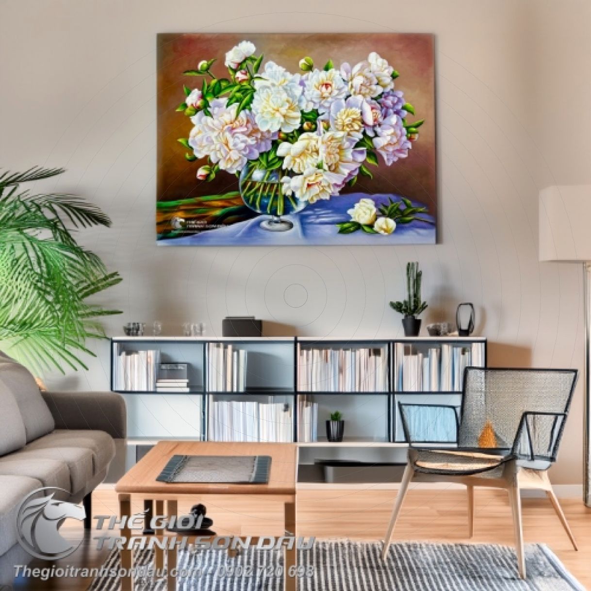 Tranh Sơn Dầu Tĩnh Vật Hoa Mẫu Đơn Tả Thực 60x80cm Khung Gỗ 